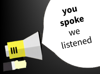 Megaphone with text bubble reading you spoke, we listened