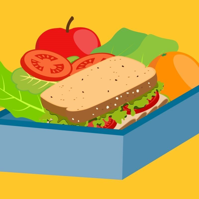 Yellow background with blue box filled with a tasty looking sandwich, orange, apple, and slices of tomatoes.