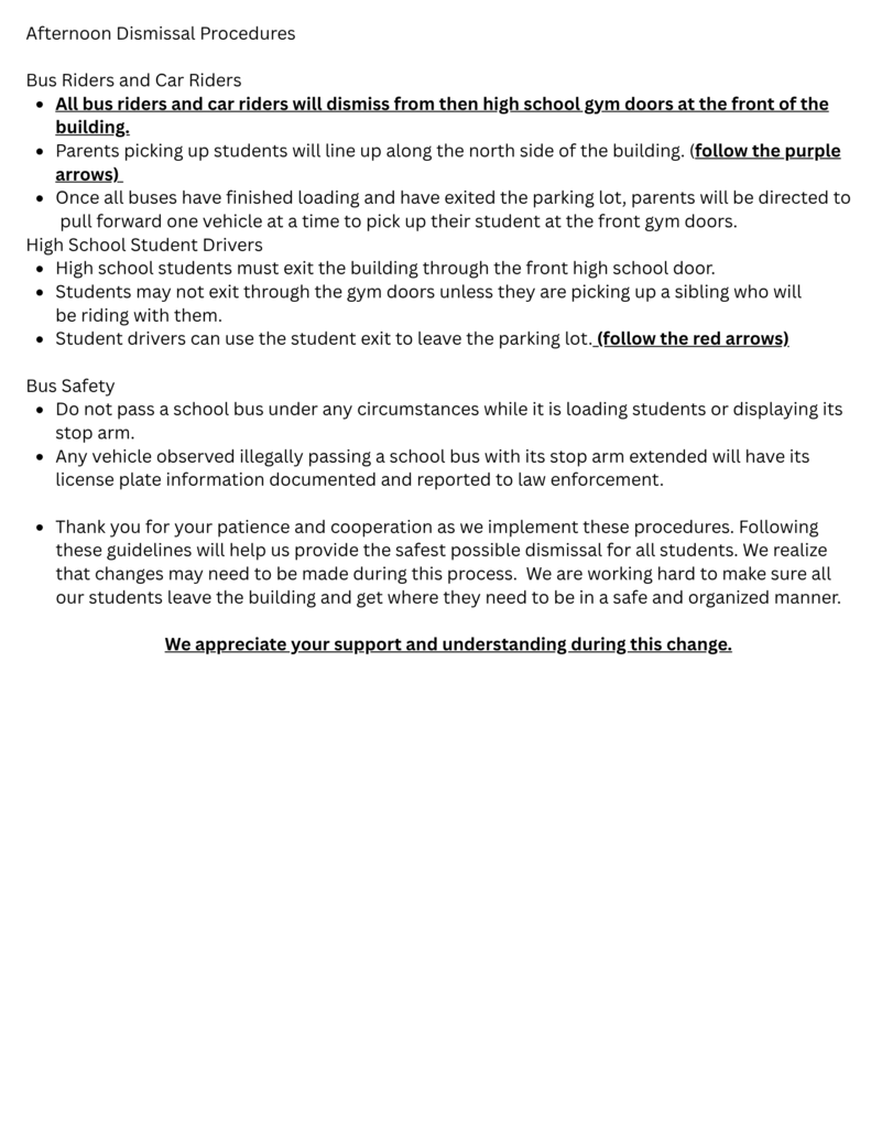 Car rider information for jr high and high school