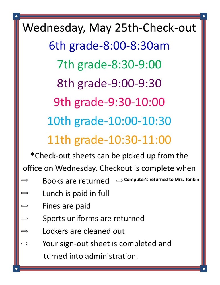May 25th Student Checkout Times Edgemont School District 231