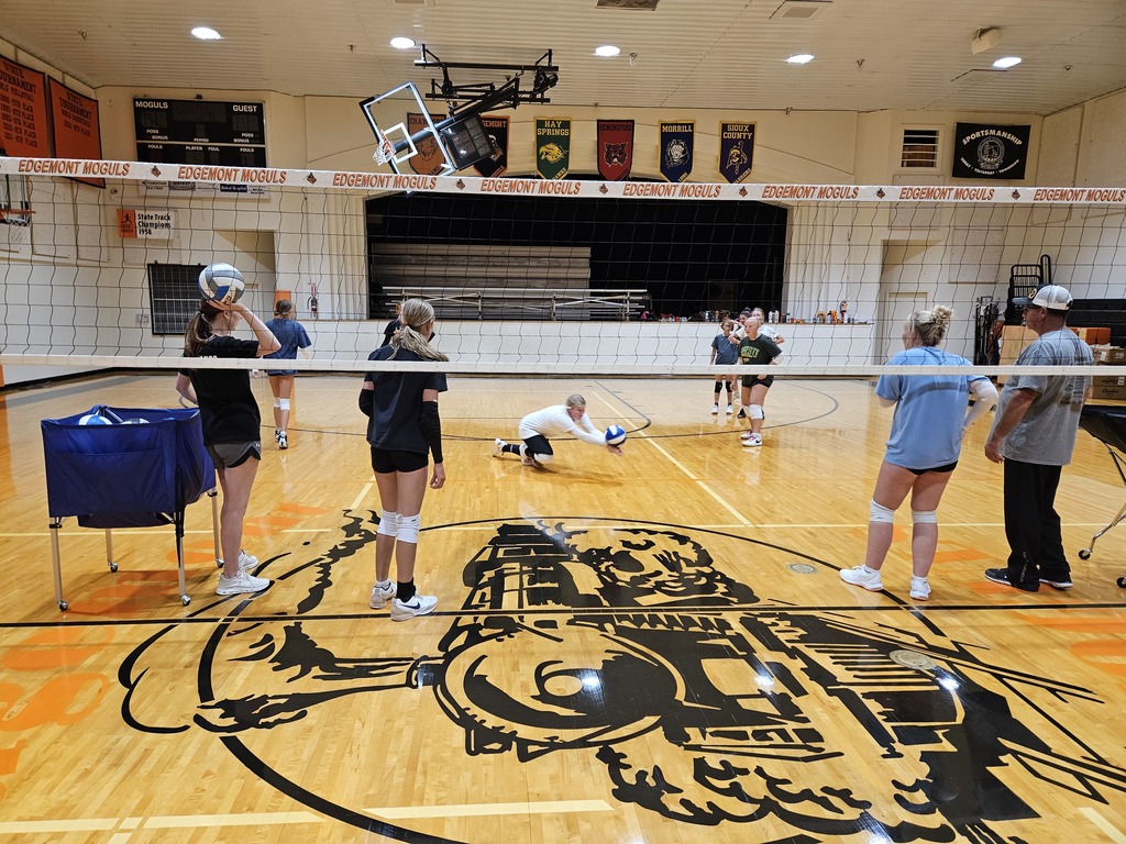 10 girls playing volleyball in a gym