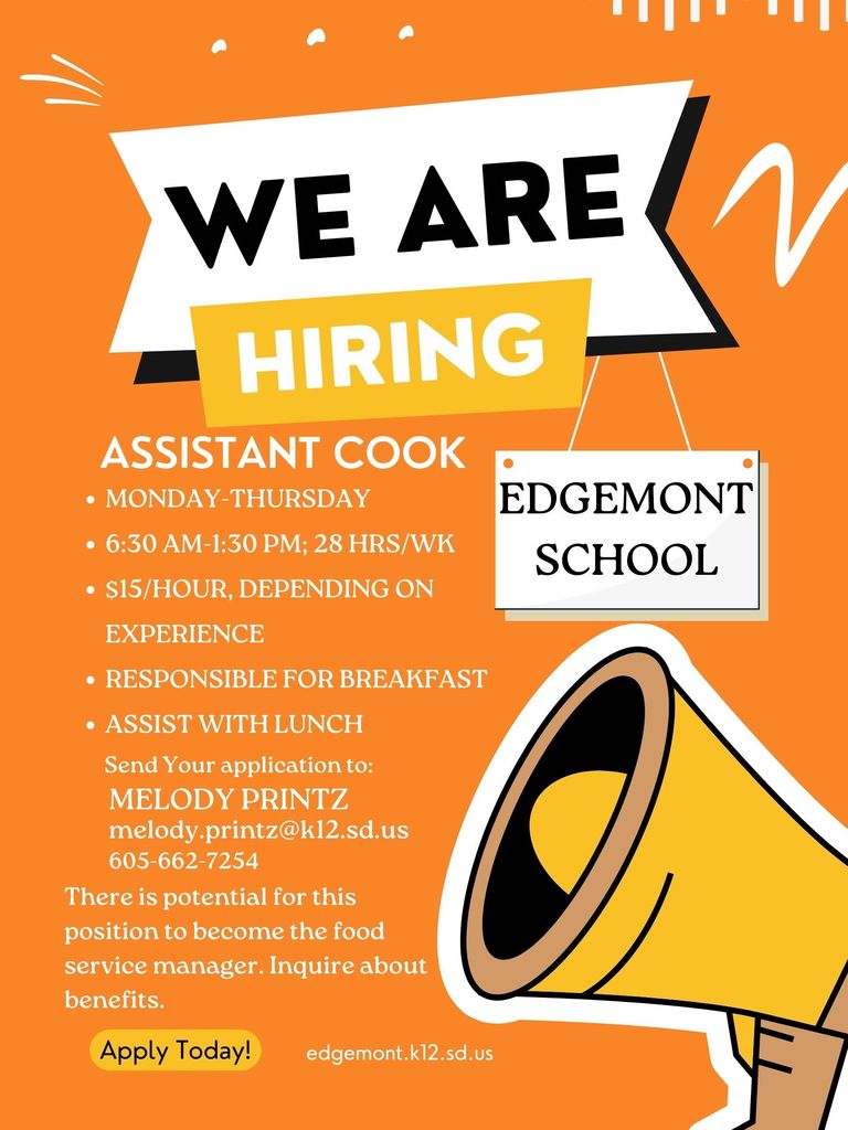 orange "we are hiring" poster, with a megaphone and details about an assistant cook position
