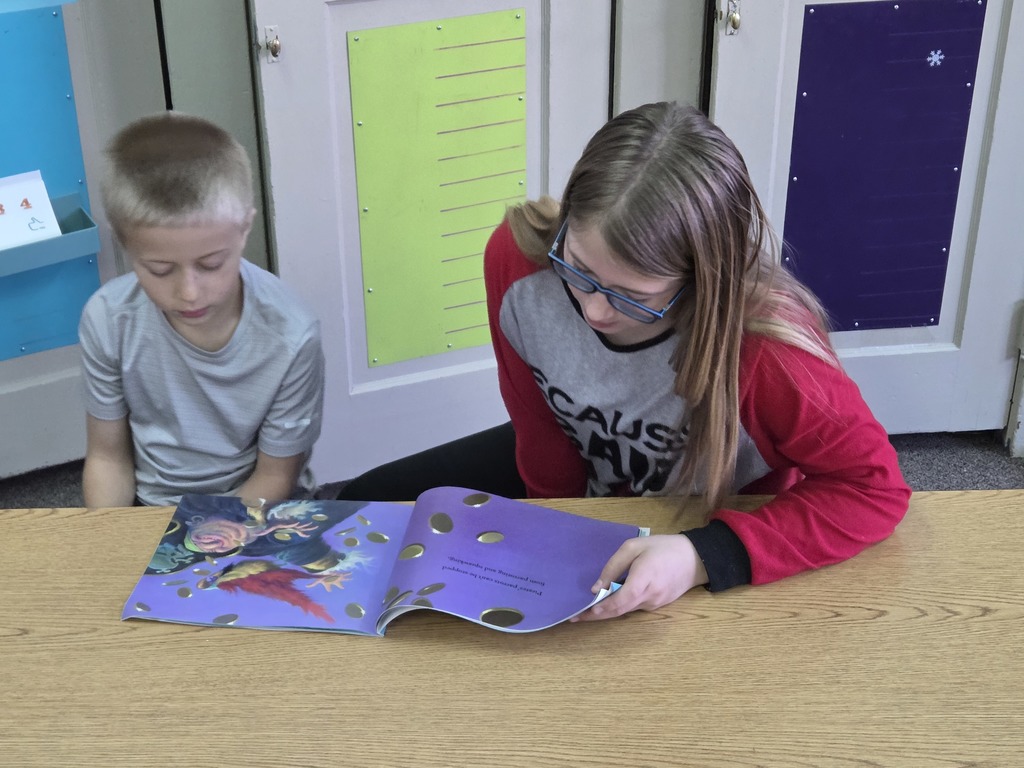 one little boy and one middle school girl reading