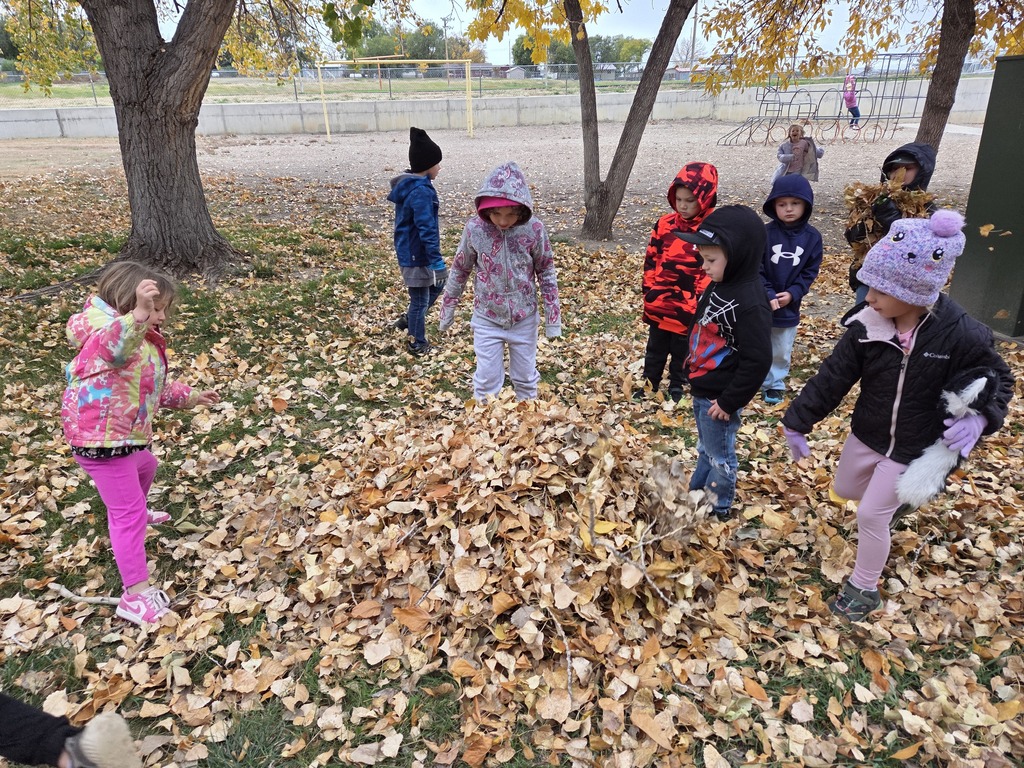 7 kids making a pile of leaves