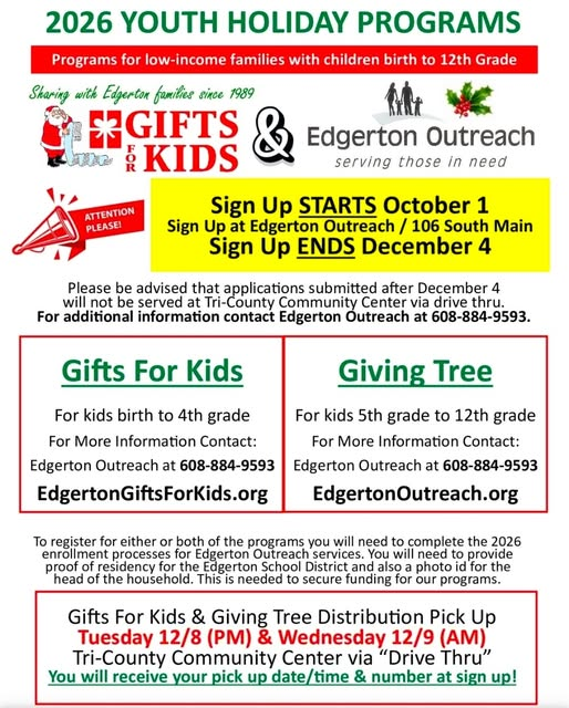 Flyer for Edgerton’s 2026 Youth Holiday Programs, featuring Gifts for Kids and Giving Tree registration, eligibility details, deadlines, and drive-through pickup information.