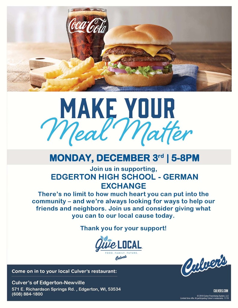 Monday Dec 3rd - Newville Culvers - 5pm-8pm Fundraiser.