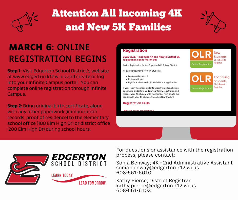 At the top on a red background are two small megaphones, with white text in the center: "Attention All Incoming 4K and New 5K Families". Below this is white text: "MARCH 6: ONLINE REGISTRATION BEGINS".  Text below on a black background details Step 1 and Step 2. Step 1: Visit Edgerton School District's website at www.edgerton.k12.wi.us and create or log into your Infinite Campus portal. You can complete online registration through Infinite Campus. Step 2: Bring original birth certificate, along with any other paperwork (immunization records, proof of residence) to the elementary school office (100 Elm High Dr) or district office (200 Elm High Dr) during school hours.  To the right, on a grey computer monitor, are smaller blocks of text titled "Registration" in maroon, which details information and required documents for the 2026-2027 school year, including birth certificate and immunization records. Below this is text for "Required Documents for New Students". There are two larger orange and green buttons labeled OLR Online Registration, with "New Students Click here to Register" on the top button and "Continuing Students Click here to Register" on the bottom button.  At the bottom on a white background, to the left, is the large red and black stylized letter 'E' logo for Edgerton School District. To its right are three lines of maroon text: EDGERTON SCHOOL DISTRICT, LEARN TODAY., and LEAD TOMORROW., with a thin red banner above. To the right of the logo and school text are four lines of maroon text detailing contact information for Sonia Benway, 4K-2nd Administrative Assistant, and Kathy Pierce, District Registrar, with their email addresses and phone numbers.