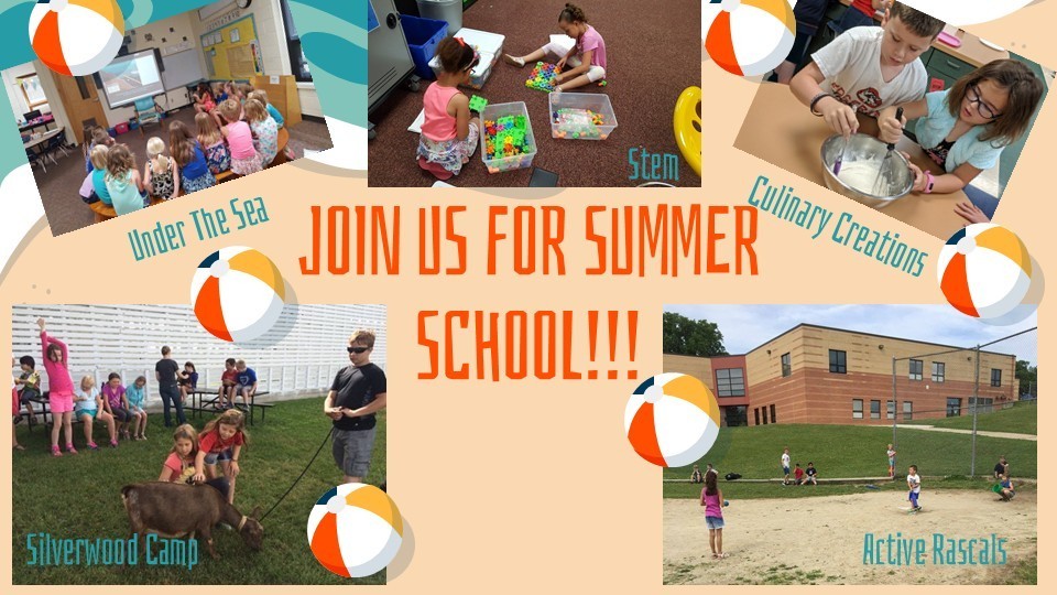 Collage of summer school activities with children engaged in learning, building, cooking, playing outdoors, and interacting with animals.