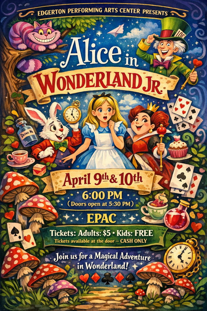 Alice in Wonderland Jr Flyer. April 9th and 10th at 6pm. Cash only Adults $5 and kids Free.