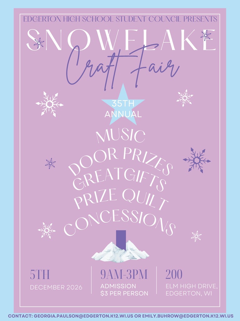 Poster for the 35th Annual Snowflake Craft Fair, happening on December 5, 2026, at Edgerton High School.
