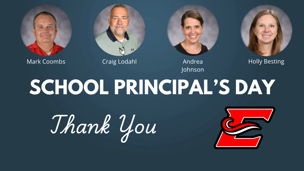 Image celebrating School Principal's Day with four headshots, names, and a thank you message on a blue background.