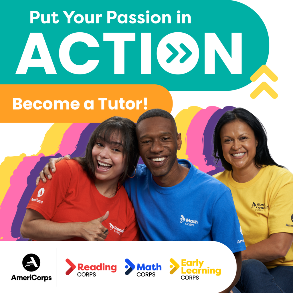 Three people wearing AmeriCorps program t-shirts with text "Put Your Passion in ACTION. Become a Tutor!"