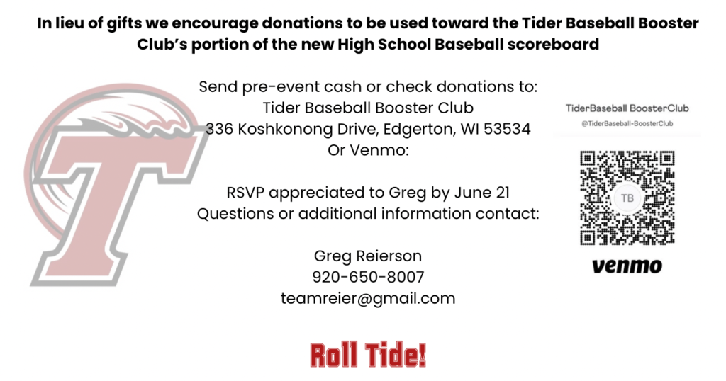 Fundraising details for Tider Baseball Booster Club with contact info, Venmo QR code, and a large letter "T" logo.