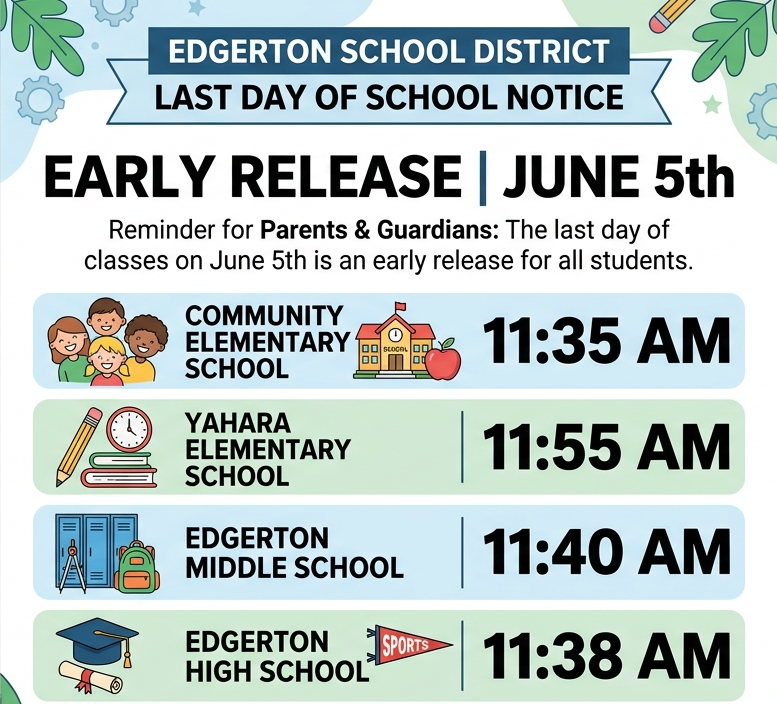 Early Release Times:   Community Elementary: 11:35am  Yahara Elementary: 11:55am   Edgerton Middle School: 11:40am  Edgerton High Schoool: 11:38am 