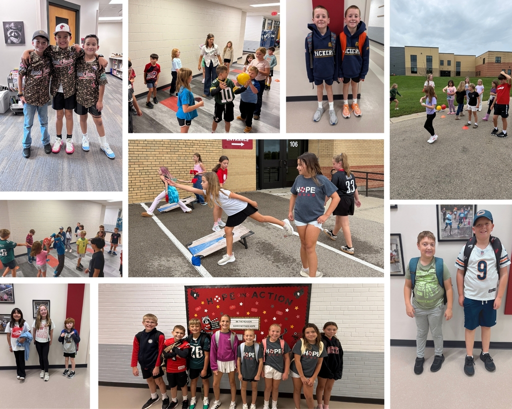 Collage of children participating in school activities, sports games, and group photos indoors and outdoors.