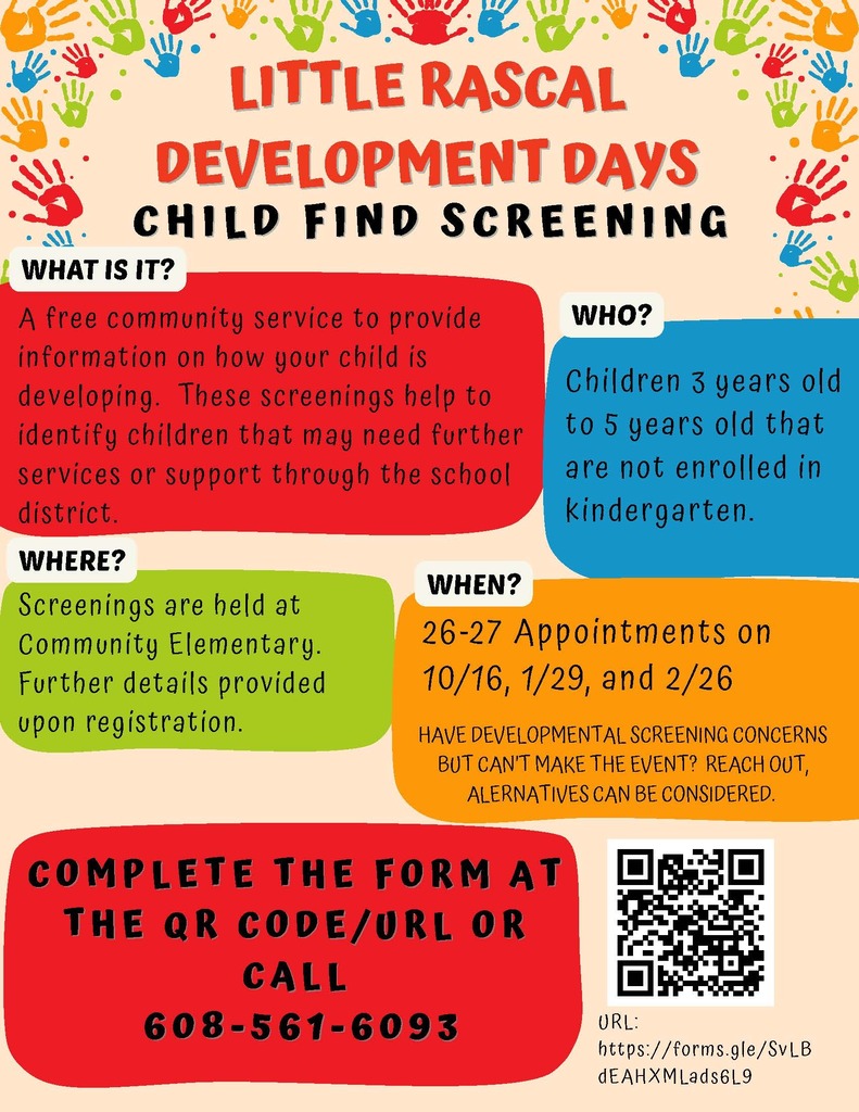 Colorful flyer for Little Rascal Development Days advertising free developmental screenings for children ages 3–5, with dates, location, registration instructions, QR code, and phone number.