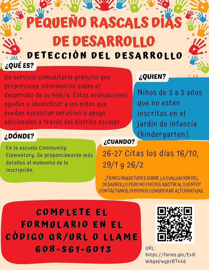 Spanish flyer advertising free developmental screenings for children ages 3–5, with event details, contact information, and a QR code.