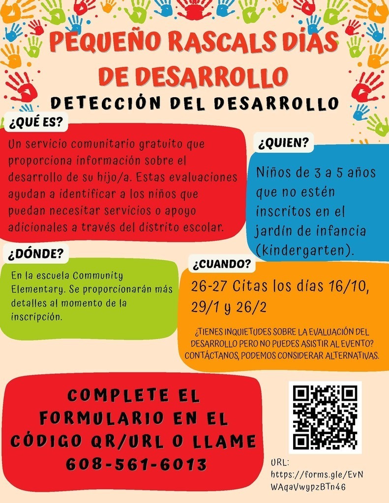 Spanish flyer advertising free developmental screenings for children ages 3–5, with event details, contact information, and a QR code.