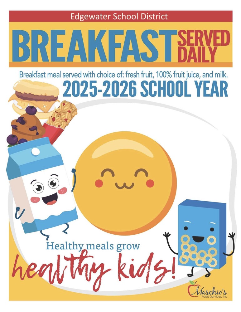 Flyer displaying information on breakfast choices & time served.