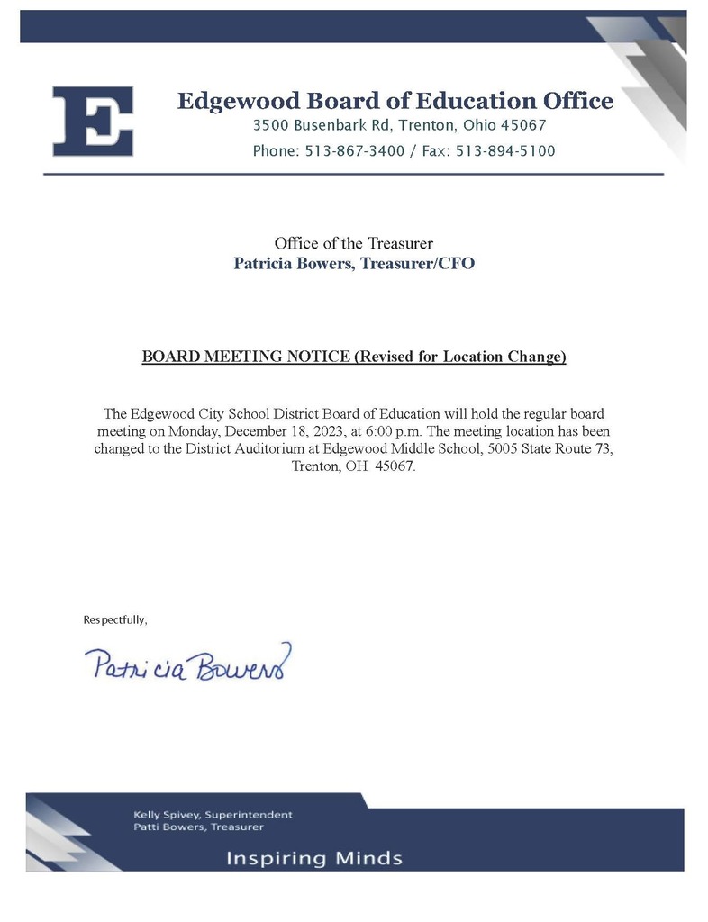 regular board meeting will be held at edgewood Middle School on December 18, 2023 at 6:00 pm instead of Edgewood high school.