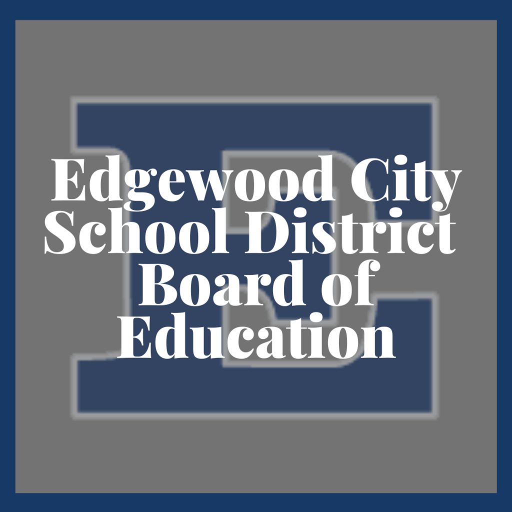 navy block e on gray backgournd with Edgewood City School District Board of Education written over it in white 