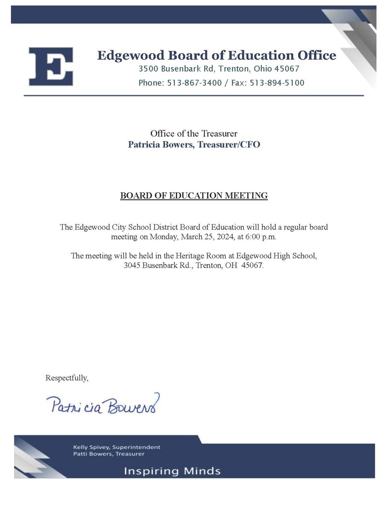 Board meetign 3/25/25 at edgewood high school 6:00 pm . This is a regular board meeting.