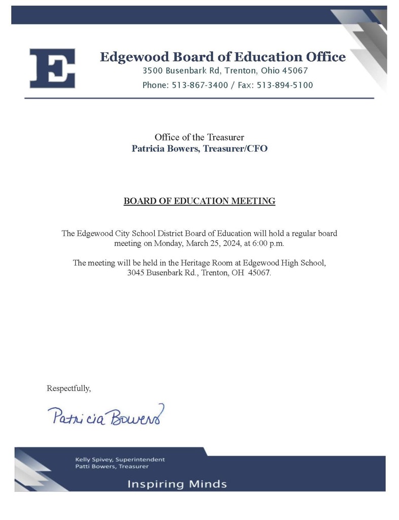 Board meetign 3/25/25 at edgewood high school 6:00 pm . This is a regular board meeting. 