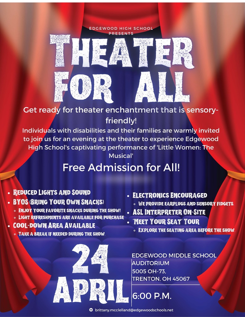 Pic with theatre curtains and information that the event is sensory friendly and free to all to support our students with disabilities 6:00 pm April 24 call EHS for more info