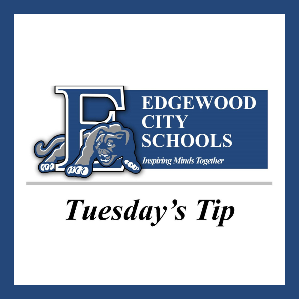 navy and gray cougar coming thorugh a navy block e white background, and edgewood city schools and tuesday's tip