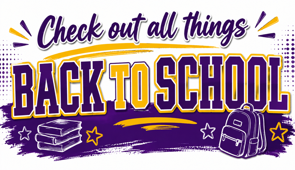 Purple, gold, and white Edgewood ISD graphic featuring the words “Check out all things BACK TO SCHOOL” in large, bold lettering. The design includes school-themed accents such as books, a backpack, stars, brush strokes, and purple and gold decorative elements.
