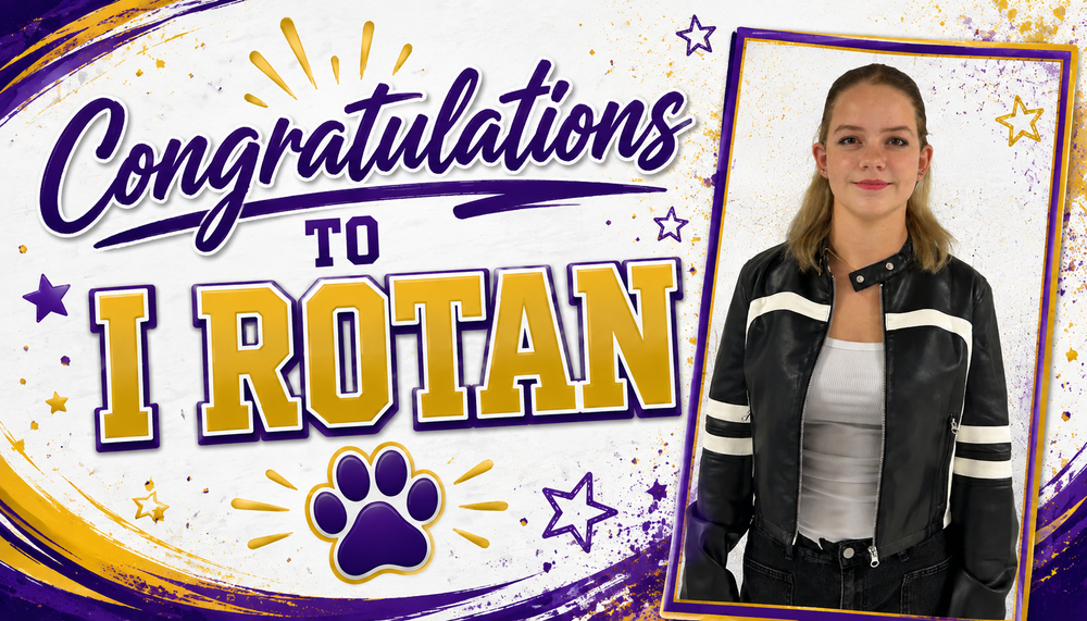 Purple, gold, and white celebratory Edgewood ISD graphic featuring a photo of a student. Large text reads, “Congratulations to I Rotan,” surrounded by stars, a paw print, and purple and gold decorative accents.