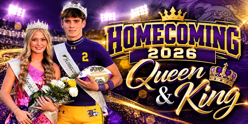 Edgewood High School's 2026 Homecoming Queen and King pose together in a celebratory purple-and-gold graphic. Homecoming Queen S. Elder wears a sparkling pink dress, silver crown, and sash while holding a bouquet of white and yellow roses. Homecoming King A. Fincher wears his purple-and-gold Edgewood football uniform, silver crown, and sash while holding a football. Large decorative lettering reads “HOMECOMING 2026 Queen & King,” surrounded by gold crowns, sparkling accents, and stadium lights.