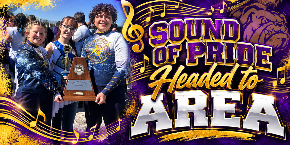 Three Edgewood High School Sound of Pride band members proudly pose together holding a marching band trophy. A purple-and-gold graphic features bold lettering reading “Sound of Pride Headed to AREA,” surrounded by gold musical notes, a treble clef, and decorative accents celebrating the band's advancement to the UIL Area Marching Contest.