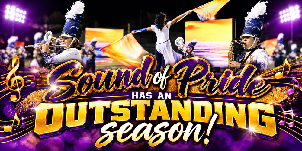 Edgewood High School Sound of Pride marching band members perform under stadium lights, with a flute player on the left, a saxophone player on the right, and a color guard member waving orange and gold flags in the center. Bold purple-and-gold lettering reads, “Sound of Pride Has an OUTSTANDING Season!” Decorative musical notes, sparkling accents, and stadium lights celebrate the band's successful marching season.