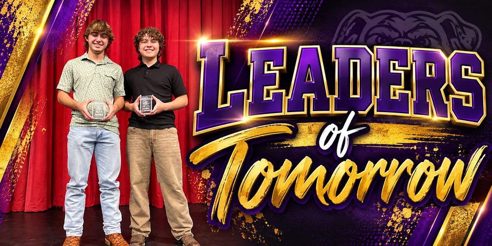 Two Edgewood High School students stand holding their leadership awards in front of a red stage curtain. The photo is featured on the left side of a purple-and-gold graphic with the words “Leaders of Tomorrow” in large decorative lettering on the right, celebrating students selected for Trinity Valley Community College's Leaders of Tomorrow recognition.