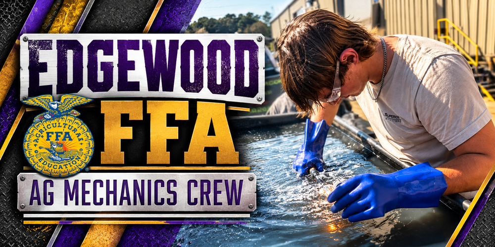 Edgewood FFA Ag Mechanics Crew graphic featuring a student wearing safety glasses and blue protective gloves participating in an underwater welding demonstration. The student leans over a water-filled tank while working with welding equipment. Bold purple-and-gold lettering reads “Edgewood FFA Ag Mechanics Crew,” accompanied by the FFA emblem. Industrial metal textures and diagonal purple-and-gold accents highlight the students' participation in the Texas High School Welding Series at TSTC in Marshall.
