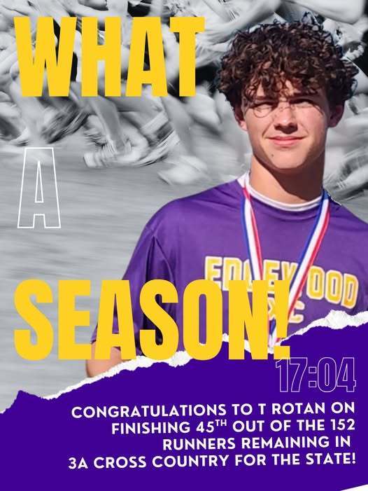 🏃♂️💜 What a Season for T Rotan! 💜🏃♂️ T Rotan wrapped up his Cross Country career at Edgewood High School in incredible fashion, running a 17:04 today at the State Meet! 🏅 This outstanding time placed him 45th out of 152 3A runners remaining in the entire State of Texas! 🌟 Rotan has had an amazing Cross Country career here at Edgewood, making it to the State Meet two years in a row as both a Junior and Senior. 🙌 But T Rotan isn’t just an outstanding athlete, he’s also an exceptional student and leader. We are so #EdgewoodProud of everything he has accomplished as a Bulldog, and we can’t wait to see what the future holds for him! 💜🐾 Way to represent, Rotan! 👏🔥 #EdgewoodProud #RunRotanRun #BulldogStrong