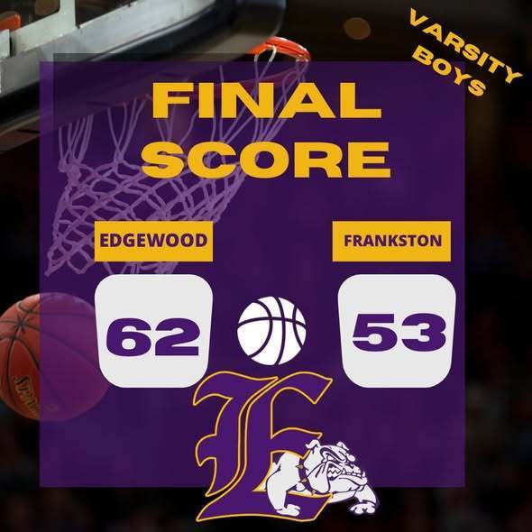 December 23rd Basketball Results Varsity: Edgewood 62, Frankston 52 JVG: Edgewood 30, Frankston 24 JVP: Edgewood 38, Frankston 35