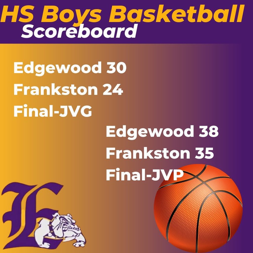 December 23rd Basketball Results Varsity: Edgewood 62, Frankston 52 JVG: Edgewood 30, Frankston 24 JVP: Edgewood 38, Frankston 35