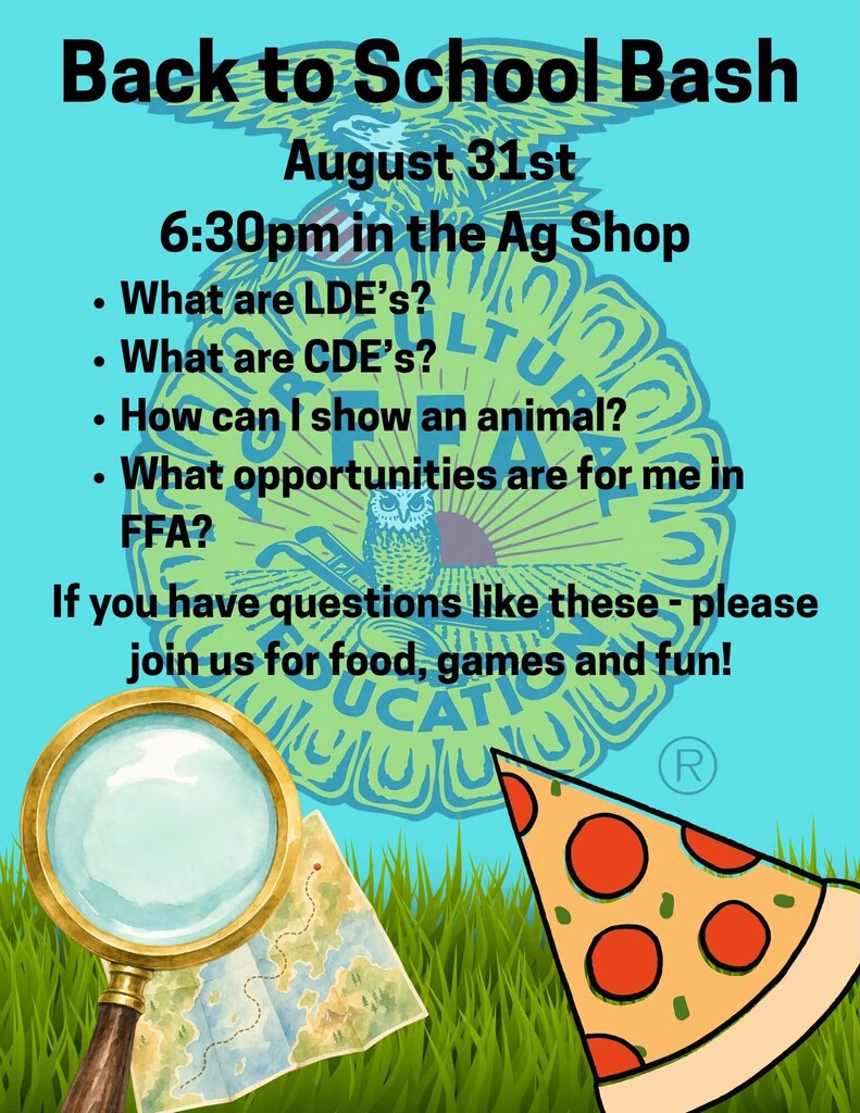 Edgewood FFA “Back to School Bash” flyer announcing an event on August 31 at 6:30 PM in the Ag Shop. The event invites students with questions about LDEs, CDEs, showing animals, and opportunities in FFA to attend for food, games, and fun. The flyer has a turquoise background with an FFA emblem and illustrations of grass, a magnifying glass, map, and pizza.