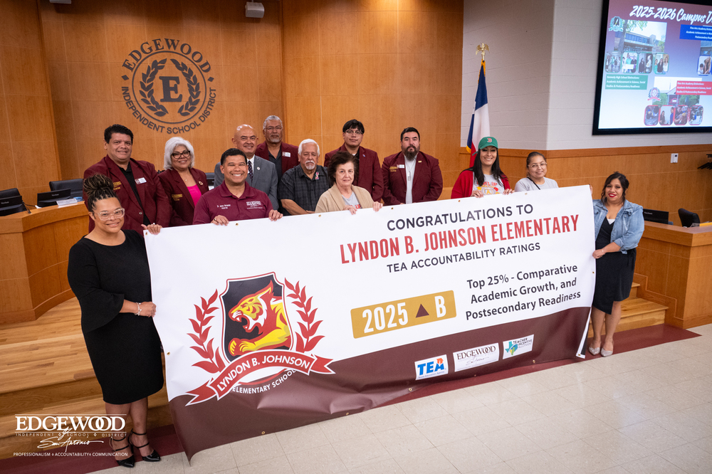 LBJ team with their banner
