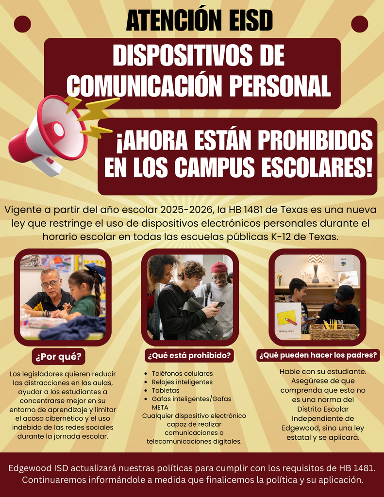 HB 1481 information graphic with details on the personal communication device ban that will be in effect
