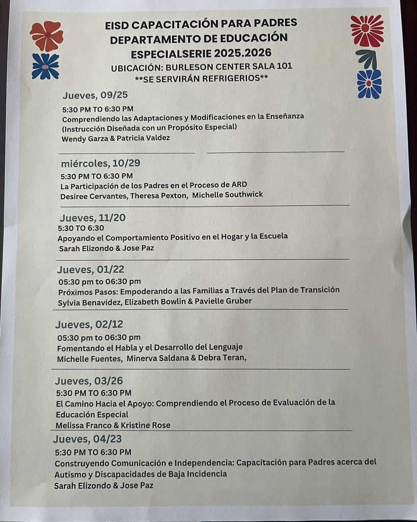 EISD Special Education Department Parent Training Series!