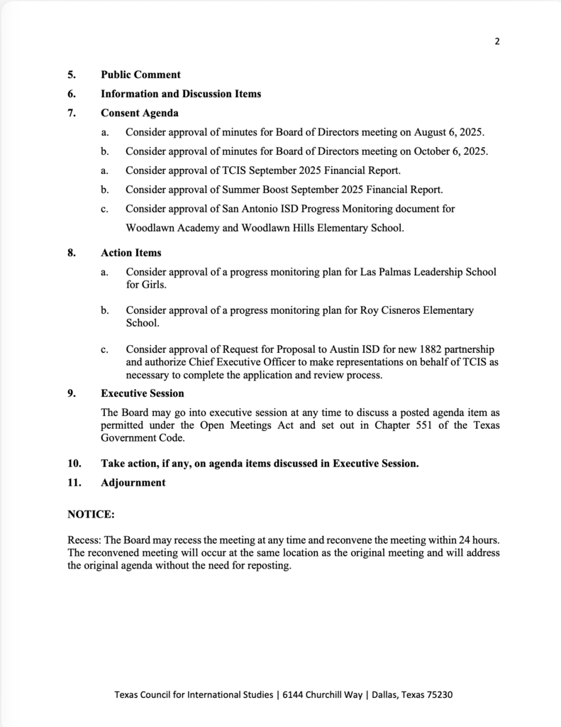 TCIS Board Meeting Agenda for Friday Oct. 24