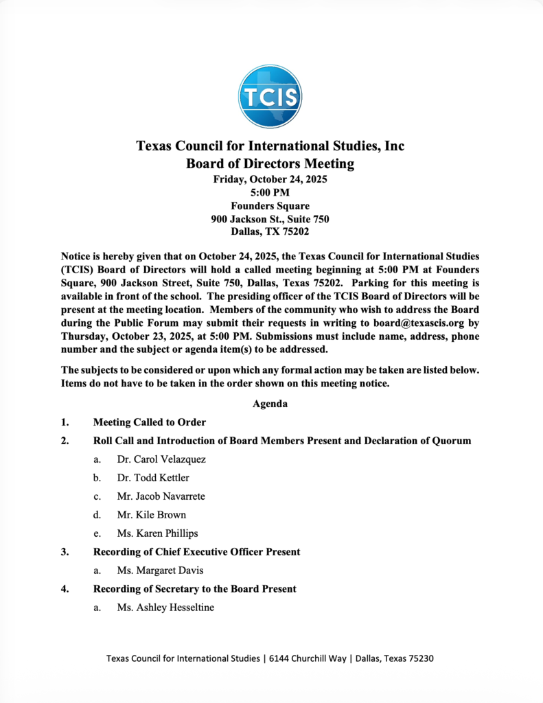 TCIS Board Meeting Agenda for Friday Oct. 24