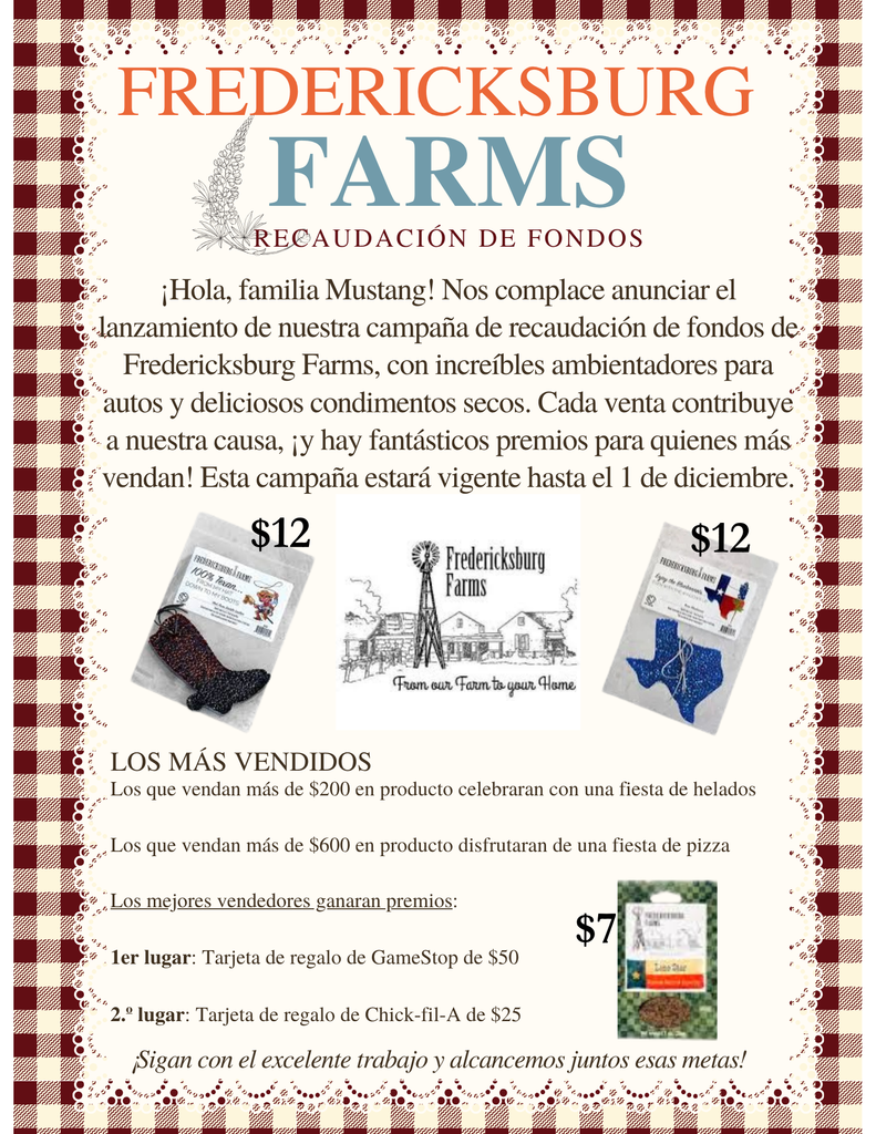 Hello Mustang Family! We’re excited to launch our Fredericksburg Farms fundraiser featuring amazing car fresheners and delicious dry rubs! Every sale helps support our cause — and there are awesome rewards for our top sellers! This fundraiser will run through December 01. 