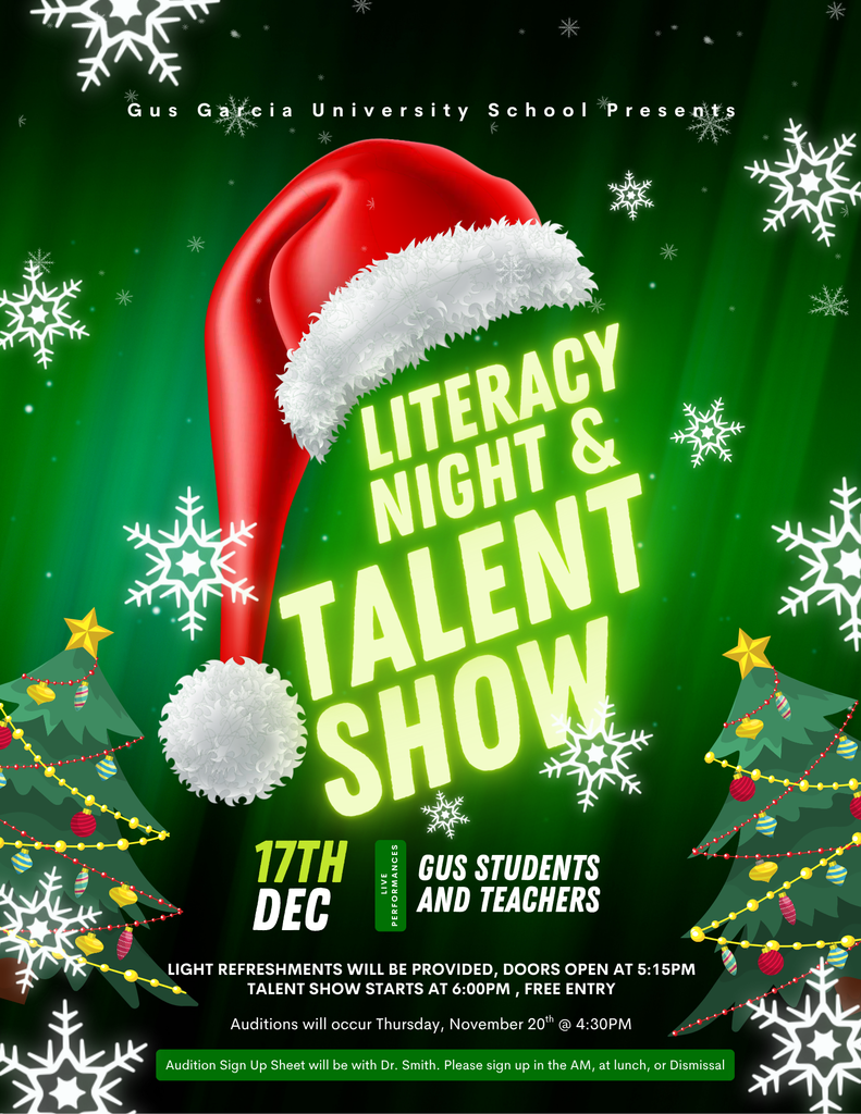 Hello Charger Families! We will be hosting our Literacy Night and Talent Show on Wednesday, December 17th starting at 5:30pm. In order to allow our students, the opportunity to prepare for the Talent Show, we will be holding practices on Tuesdays and Thursdays from 4-5pm. On Monday, December 15th, we will hold final auditions and one final practice on Tuesday, December 16th. If your student wants to participate and has not signed up yet, please tell them to talk to Mrs. Simpson or Dr. Smith!
