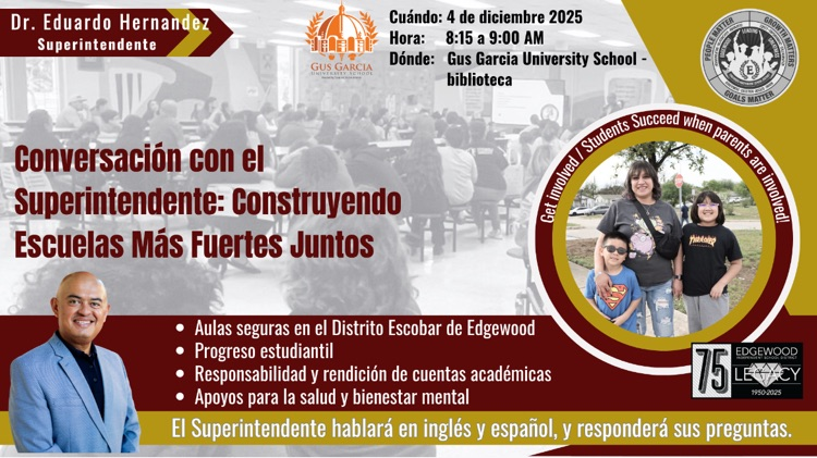 Parent talk with the superintendent is tomorrow at Gus Garcia. We hope to see you at 8:15 AM!