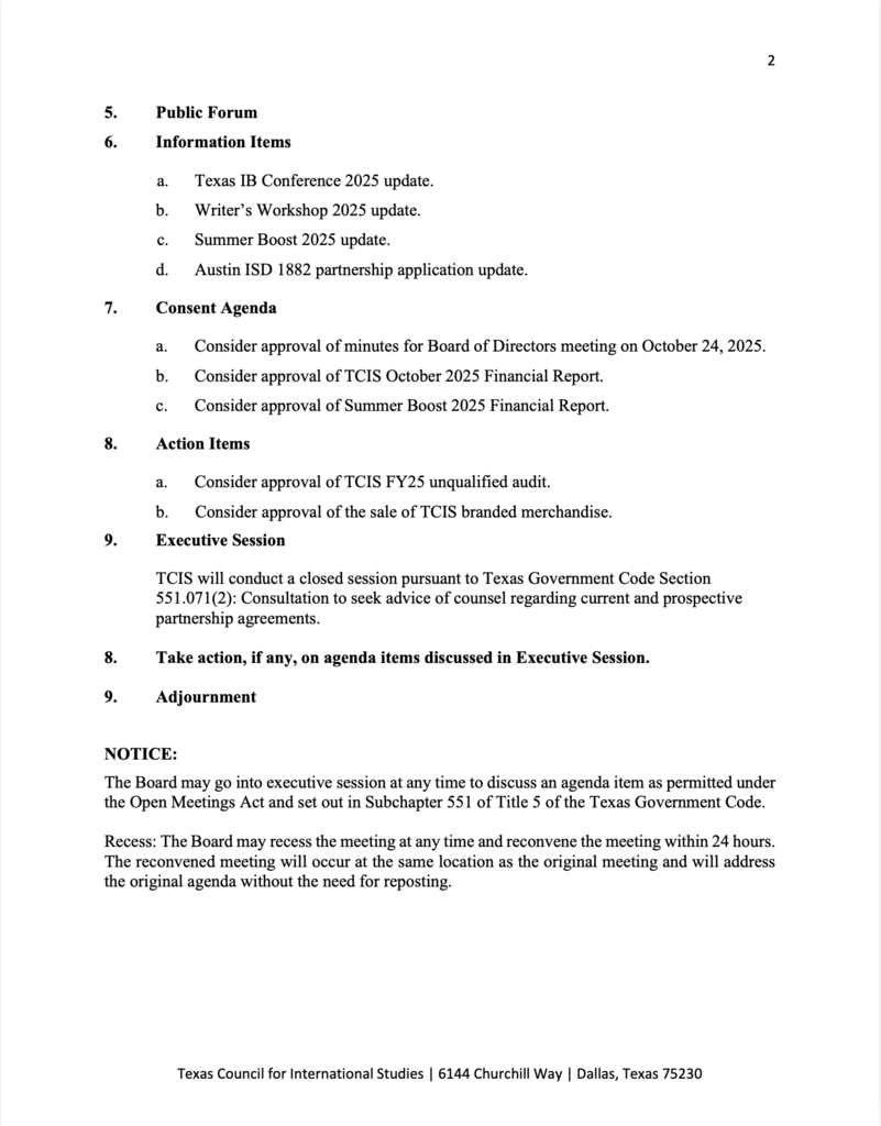 TCIS Meeting Agenda for 12/12/25