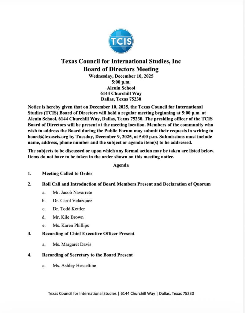 TCIS Meeting Agenda for 12/12/25